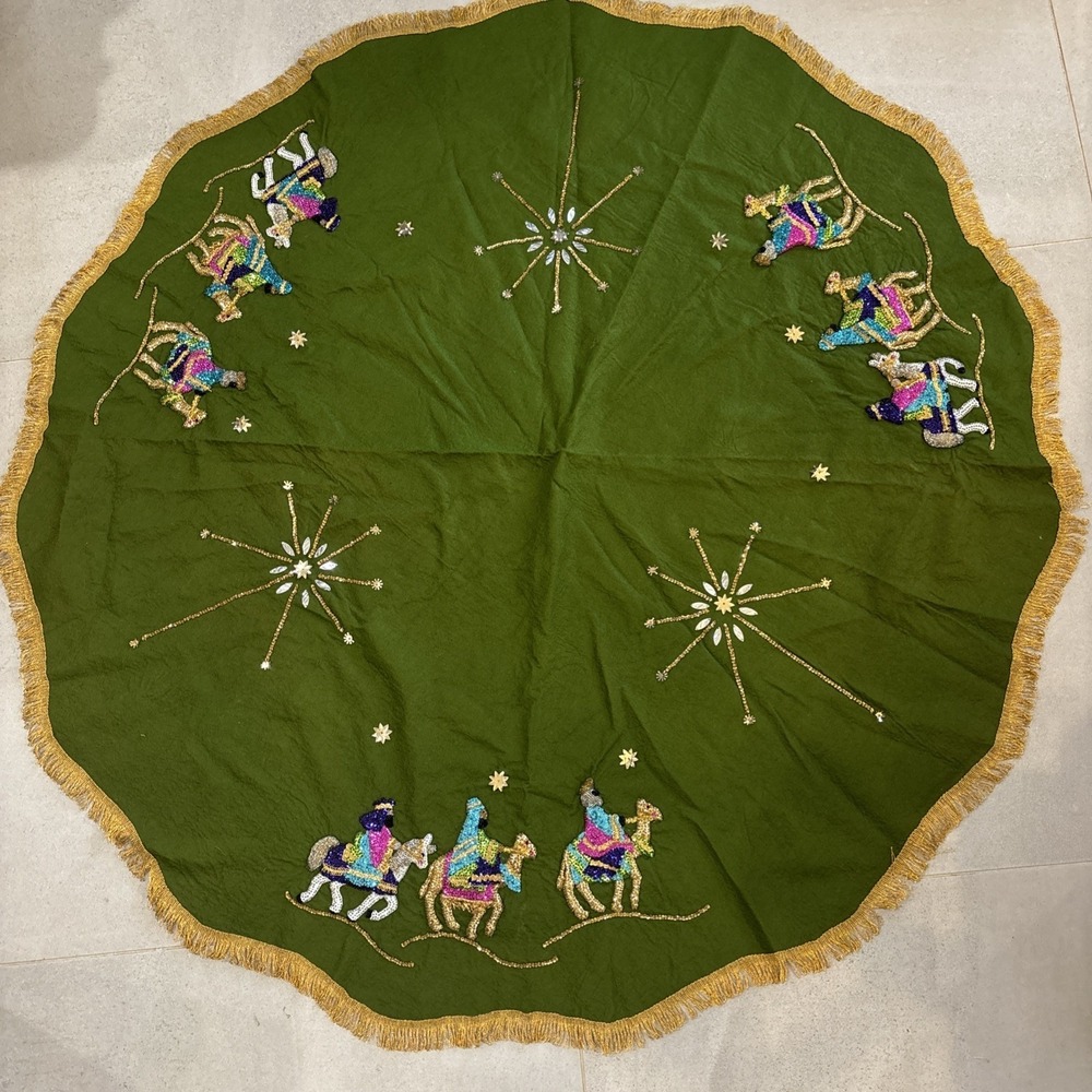Vtg Three Wisemen Christmas Tree Skirt 58" Sequins Embroidered Bucilla Handmade